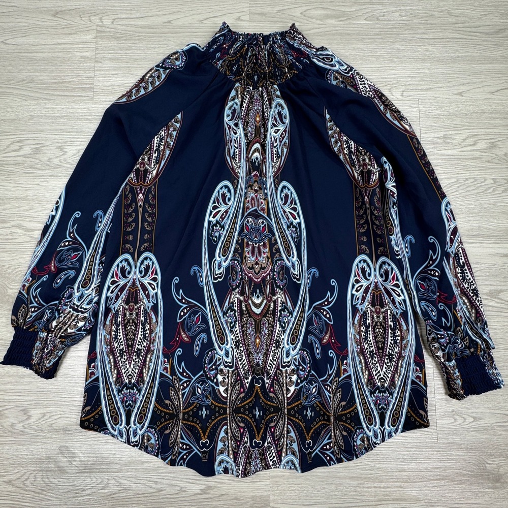 Chico's Women's Blouse Paisley Smocked Mock Neck Navy Blue‎ Multi Size 2 Large